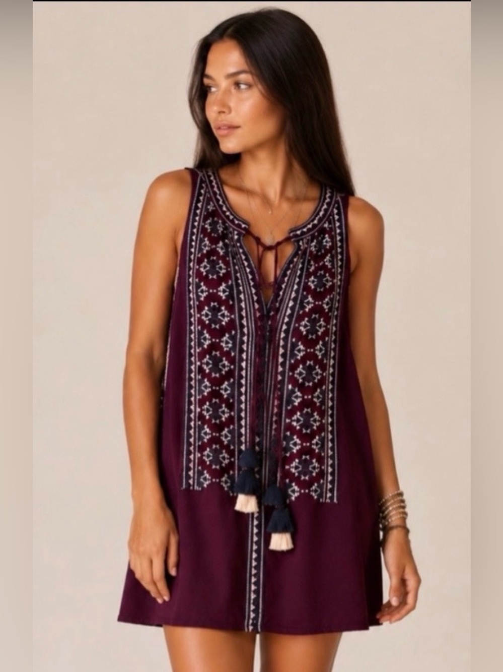Blue Rain Embroidered Sleeveless Tunic Dress in Plum - Halter Top